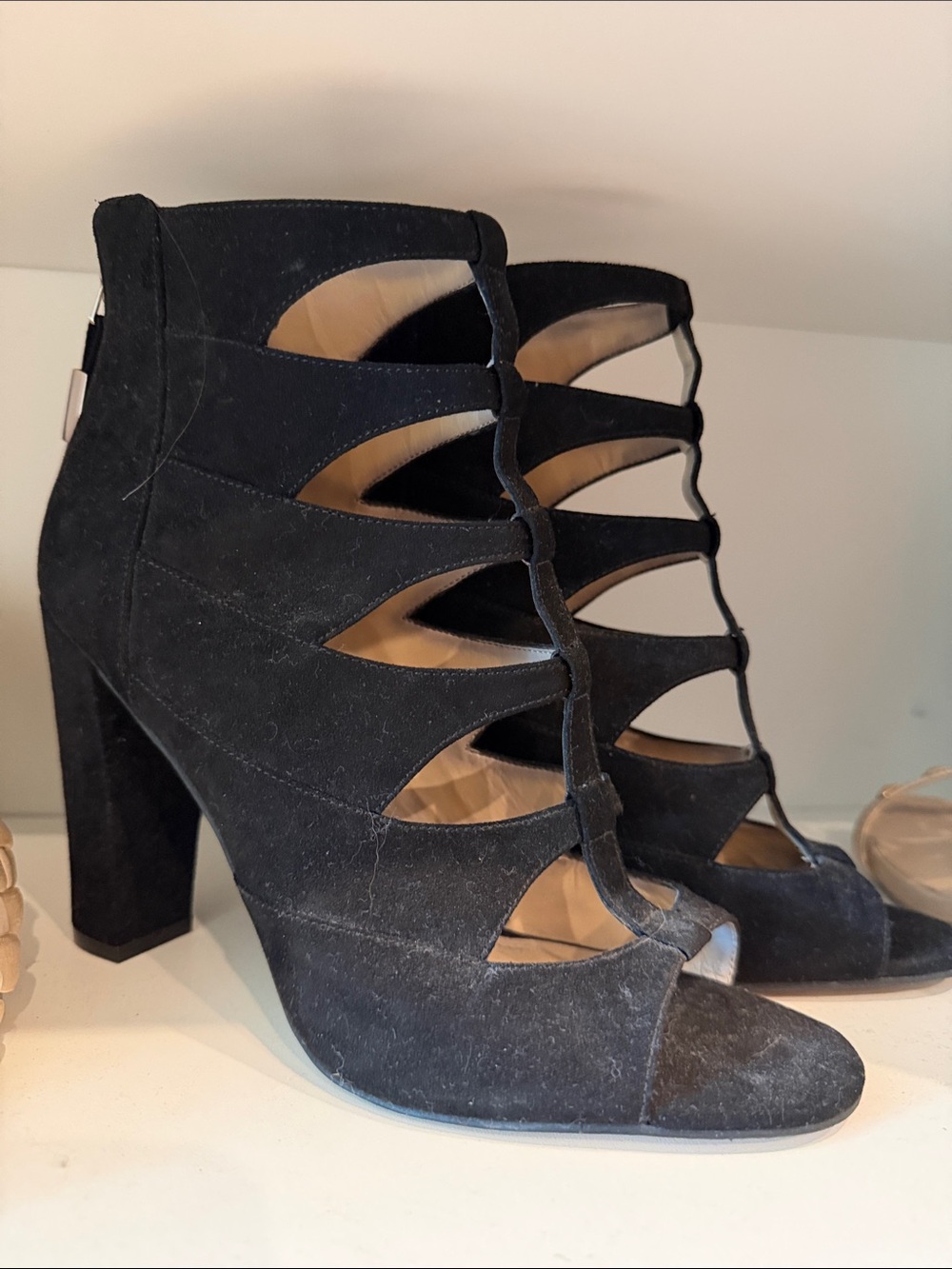 Marc Fisher Black Suede Cutout T-Strap Block Heel Sandal